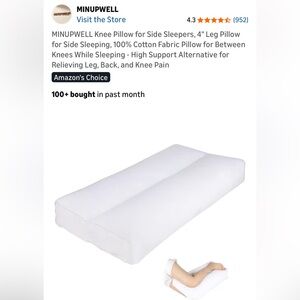 New/Unused MINUPWELL Knee Pillow for SideSleepers 100% Cotton Fabric Pillow